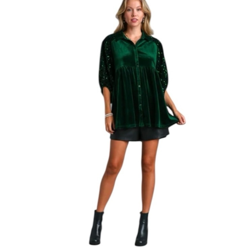 NWT Umgee Velvet Tunic Dress Sequin Sleeves in Hunter Green, Size Large